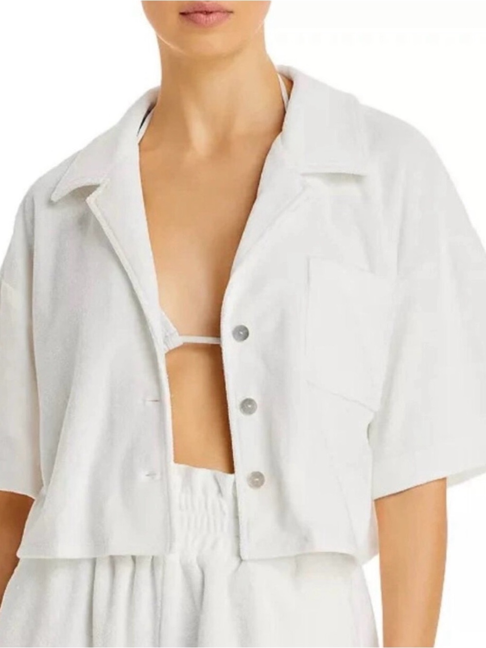 Aqua White Cropped Terry cloth Button-Front Coverup SET